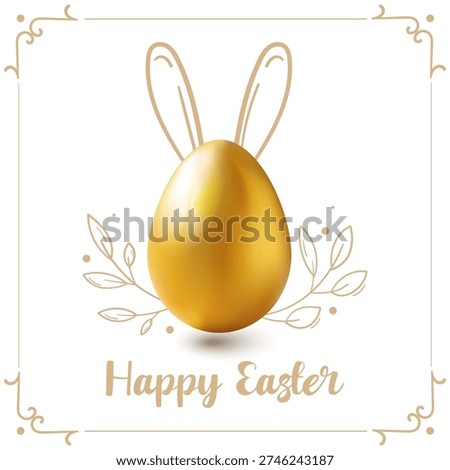 Luxury Happy Easter greeting card with realistic golden egg with bunny ears, botanical line art leaves, decorative frame for holiday invitations, seasonal branding, social media, festive promo.Vector