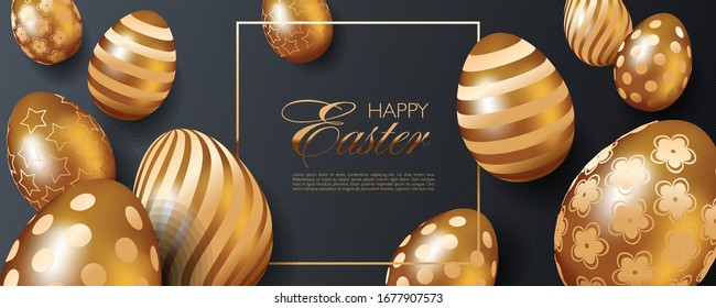 Luxury Happy Easter website header or banner template with realistic 3D golden eggs on black striped background
