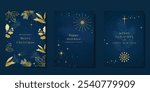 Luxury Happy Holidays invitation card design vector. Elegant Happy New Year card with little star, pine leaves, snowflake on navy blue background. Design for Season