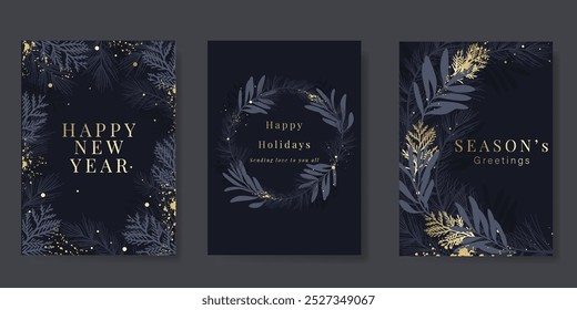 Luxury Happy Holidays invitation card design vector. Elegant Happy New Year card with leaves branch, snowflake, wine glass, gold foil on navy blue background. Design for Seasons Greeting, christmas.