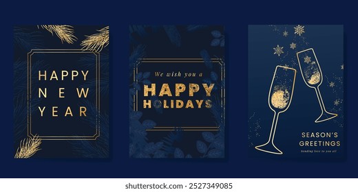 Luxury Happy Holidays invitation card design vector. Elegant Happy New Year card with leaves branch, snowflake, wine glass, gold foil on navy blue background. Design for Seasons Greeting, christmas.