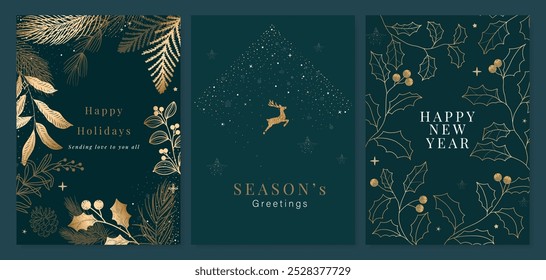 Luxury Happy Holidays invitation card design vector. Elegant Happy New Year card with leaves branch, snowflake, gold foil texture on red background. Design for Season's Greeting, christmas, cover.