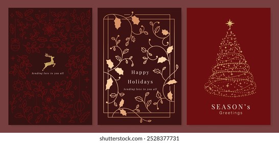 Luxury Happy Holidays invitation card design vector. Elegant Happy New Year card with leaves branch, snowflake, gold foil texture on red background. Design for Season's Greeting, christmas, cover.