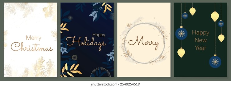 Luxury Happy Holidays invitation card design vector. Elegant Happy New Year card with leaves branch, snowflake, bauble on green, navy blue and beige background. Design for Seasons Greeting, christmas.