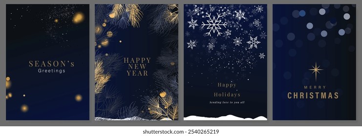 Vector de diseño de tarjeta de invitación de Días festivos felices de lujo. Tarjeta elegante del año Nuevo feliz con la rama de las hojas, textura de la hoja del oro en fondo azul marino. Diseño para el saludo de la temporada, Navidad, cubierta, cartel.