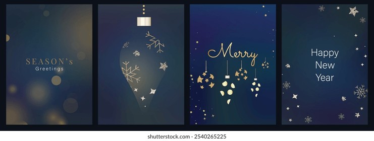 Luxury Happy Holidays invitation card design vector. Elegant Happy New Year card with leaves branch, gold foil texture on navy blue background. Design for Season's Greeting, christmas, cover, poster.