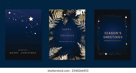 Luxury Happy Holidays invitation card design vector. Elegant Happy New Year card with leaves branch, snowflake, bauble ball, gold foil on navy blue background. Design for Seasons Greeting, christmas.