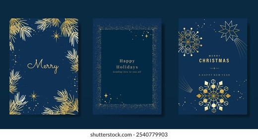 Vector de diseño de tarjeta de invitación de Días festivos felices de lujo. Tarjeta elegante del año Nuevo feliz con la pequeña estrella, hojas de pino, copo de nieve en fondo azul marino. Diseño para el saludo de la temporada, Navidades, cubierta.