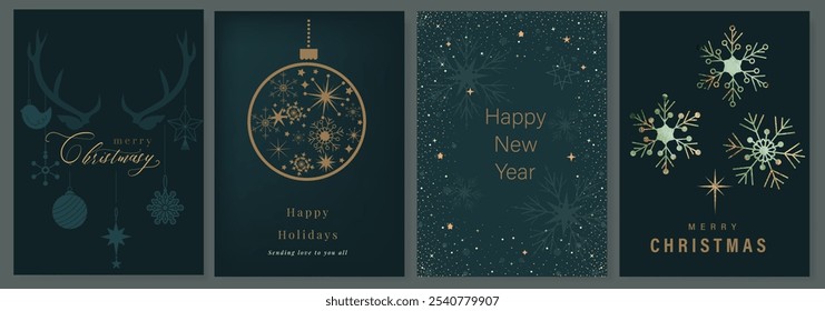 Luxury Happy Holidays invitation card design vector. Elegant Happy New Year card with little star, bauble, reindeer, moon on navy blue background. Design for Season's Greeting, Christmas, cover.