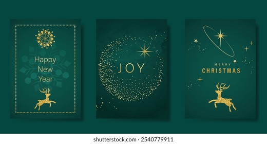 Luxury Happy Holidays invitation card design vector. Elegant Happy New Year card with little star, reindeer, snowflake on green background. Design for Season's Greeting, Christmas, cover.