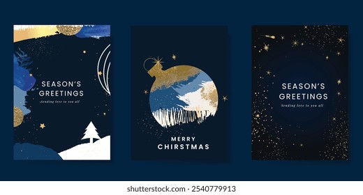 Luxury Happy Holidays invitation card design vector. Elegant Happy New Year card with little star, moon, galaxy on navy blue background. Design for Season's Greeting, Christmas, cover.