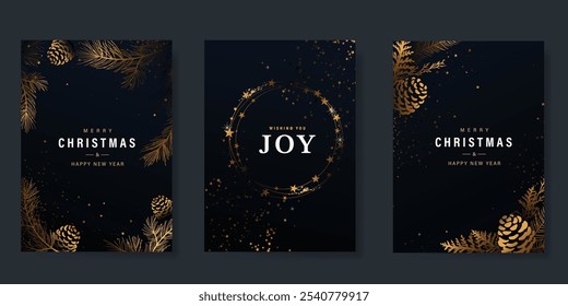 Luxury Happy Holidays invitation card design vector. Elegant Happy New Year card with little star, pine leaves, pine cone on navy blue background. Design for Season's Greeting, Christmas, cover.