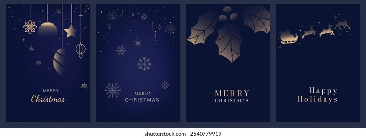 Luxury Happy Holidays invitation card design vector. Elegant Happy New Year card with little star, bauble, reindeer, moon on navy blue background. Design for Season's Greeting, Christmas, cover.