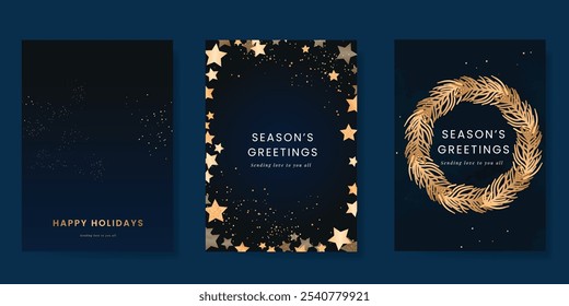 Luxury Happy Holidays invitation card design vector. Elegant Happy New Year card with little star, moon, galaxy on navy blue background. Design for Season's Greeting, Christmas, cover.