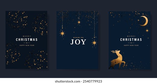 Luxus Happy Holidays Einladungskarte Design Vektor. Elegante Happy New Year Karte mit kleinem Stern, Bauble, Rentier, Mond auf navy blauem Hintergrund. Design für Saison's Gruß, Weihnachten, Cover.