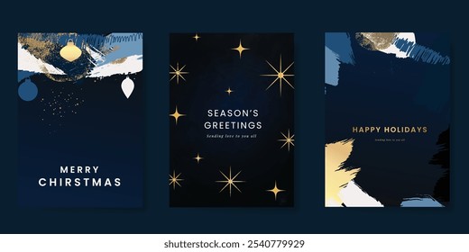 Luxury Happy Holidays invitation card design vector. Elegant Happy New Year card with little star, moon, galaxy on navy blue background. Design for Season's Greeting, Christmas, cover.