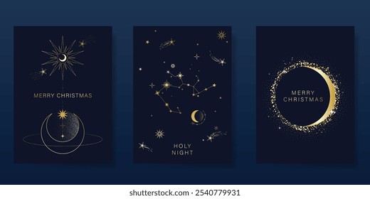 Luxury Happy Holidays invitation card design vector. Elegant Happy New Year card with little star, moon, galaxy on navy blue background. Design for Season's Greeting, Christmas, cover.