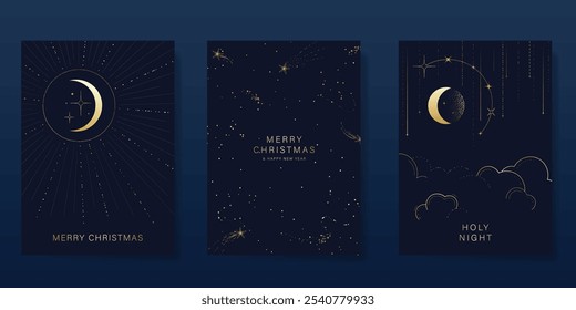 Luxus Happy Holidays Einladungskarte Design Vektor. Elegante Happy Silvester Karte mit kleinem Stern, Mond, Galaxie auf marineblauem Hintergrund. Design für Saison's Gruß, Weihnachten, Cover.