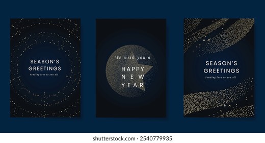 Luxury Happy Holidays invitation card design vector. Elegant Happy New Year card with little star, moon, galaxy on navy blue background. Design for Season's Greeting, Christmas, cover.