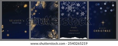 Luxury Happy Holidays invitation card design vector. Elegant Happy New Year card with leaves branch, gold foil texture on navy blue background. Design for Season
