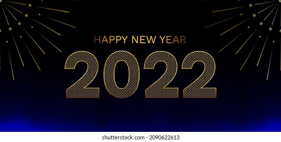 Luxury Happy New Year 2022 with gold numbers on dark blue background. Christmas invitation greeting card design