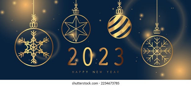 Luxury happy new year 2023 concept background vector. Elegant glowing golden hanging christmas bauble balls on dark blue bokeh background. Design illustration for wallpaper, card, cover, poster.