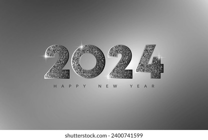 Luxury Happy New Year 2024 vector design. With a brilliant silver sheen and a metallic halftone effect. Grayscale background