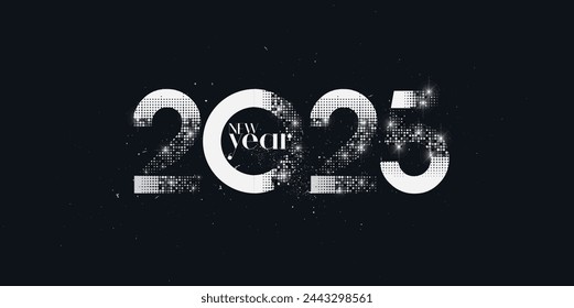 Luxury happy new year 2025 vector design. With shiny silver metallic halftone style. Premium vector background 2025.