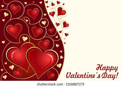 Luxury Happy Valentines Day greeting card with copy-space to write your own text. Shining red ang gold love hearts.  
