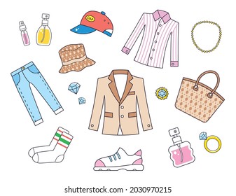 Luxury haute couture fashionable shopping items, clothing fashion, jacket blazer, bucket hat, baseball cap, shirt, jeans pants, socks, sneaker, handbag, perfume bottles, jewelry, isolated vector set.