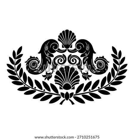 Luxury Heraldic Crest with Seashell and Laurel Wreath Black Baroque Ornament for Premium Branding Royal Victorian Decorative Logo Design