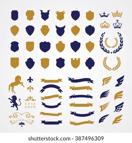 Luxury Heraldic Crests Logo Element Set. Vintage laurel wreaths, Ribbon and Wing icons