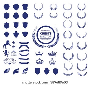 Luxury Heraldic Crests Logo Element Set. Vintage laurel wreaths, Crown, Ribbon and Wing icons