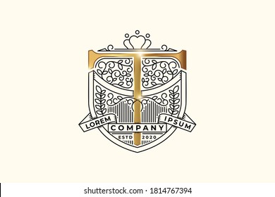 Luxury heraldic emblem with letter T initial logo design template