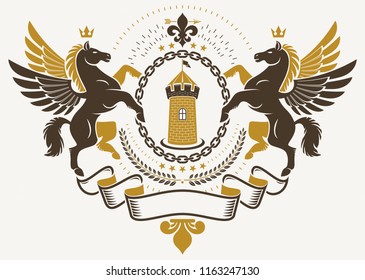 Luxury heraldic vector emblem template. Vector blazon created using graceful Pegasus illustration and ancient tower.