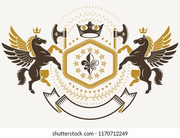 Luxury heraldic vector emblem template composed with ancient weapon, hatchets. Vector blazon made with mythic Pegasus, imperial crown and Lily flower royal symbol.