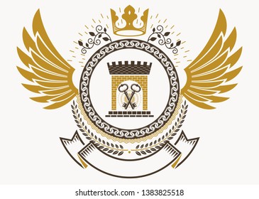 Luxury heraldic vector emblem template made using bird wings, medieval tower and imperial crown