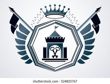 Luxury heraldic vector emblem template made using medieval fortress and royal crown
