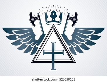 Luxury heraldic vector emblem template made using monarch crown and Christian religious cross