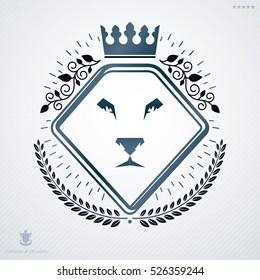 Luxury heraldic vector emblem template made using wild lion illustration and monarch crown