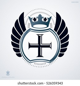 Luxury heraldic vector emblem template made using Christian religious cross and royal crown