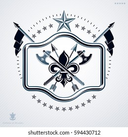 Luxury heraldic vector emblem template made using pentagonal star and armory