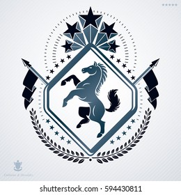 Luxury heraldic vector emblem template made using horse illustration and pentagonal stars