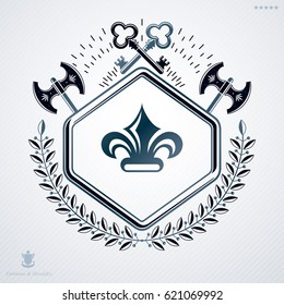 Luxury heraldic vector emblem template made using hatchets and security keys