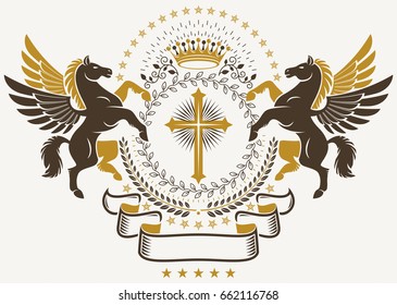 Luxury heraldic vector emblem template. Vector blazon composed using graceful Pegasus, religious cross and laurel wreath.