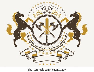 Luxury heraldic vector emblem template. Vector blazon composed with graceful horse illustration, security keys and hatchets crossed,
