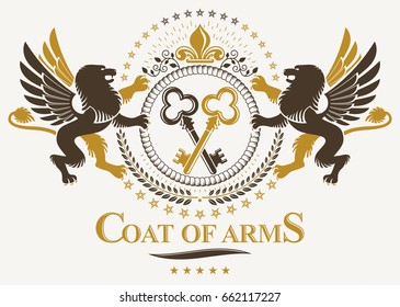 Luxury heraldic vector emblem template. Vector blazon composed with mythology gryphon, crossed keys and lily flower.