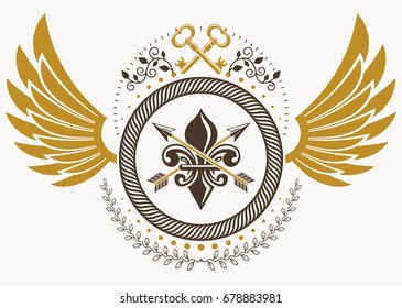 Luxury heraldic vector emblem template made using bird wings and keys