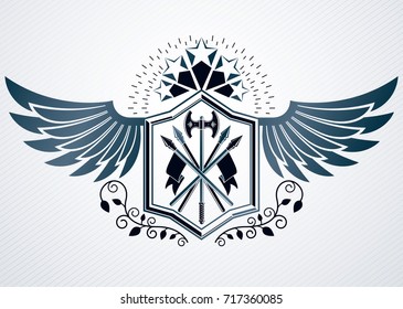 Luxury heraldic vector emblem template made using pentagonal star and armory