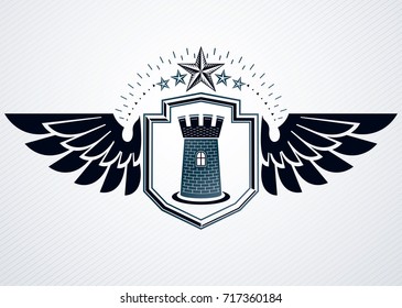 Plantilla de emblema vectorial heráldico de lujo hecha con fortaleza medieval y estrellas pentagonales